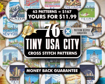 76 Mini USA Cities Cross Stitch Patterns PDF - American Town & State Designs - Travel Embroidery - Instant Download for Beginners - Bundle