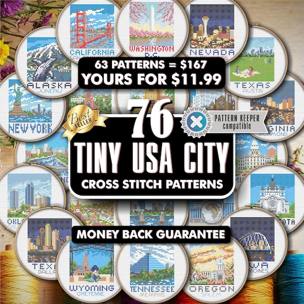 76 Mini USA Cities Cross Stitch Patterns PDF - American Town & State Designs - Travel Embroidery - Instant Download for Beginners - Bundle