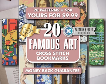 Cross Stitch Bookmark Patterns - Tiny Art Cross Stitch Pattern Famous art Book lover cross stitch sampler,  Mini Art Cross Stitch Patterns