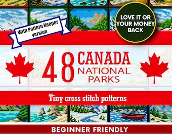 48 Canada National Parks Cross Stitch Pattern PDF – Tiny Travel Embroidery Book with Modern Nature Scenes, Easy Downloadable Needlework