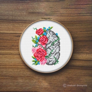 Peut inclure: Un cerceau de broderie au point de croix avec un fond blanc représentant un cerveau gris avec des fleurs roses, rouges et bleues.