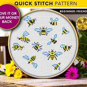 Mini Bee Cross Stitch Pattern PDF – Cute Bumblebee Needlework, Easy Insect Sampler, Modern Honey Bee Embroidery for Beginners Download