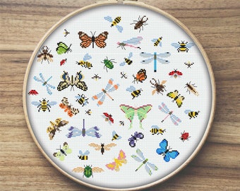 Mini Insects Cross Stitch Pattern, Bee Cross Stitch, Easy Cross Stitch, Mini Cross Stitch, Simple Cross Stitch, Butterfly Pattern