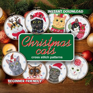 Könnte beinhalten: Eine Sammlung von Kreuzstichmustern mit Katzen in festlicher Weihnachtskleidung. Die Designs zeigen Katzen mit Weihnachtsmützen, Pullovern und Rentiergeweihen, umgeben von Weihnachtsdekorationen. Der Text "Christmas cats" und "Beginner Friendly" sind sichtbar.