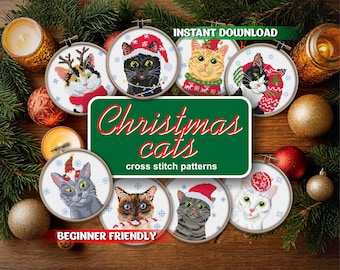 May include: A collection of cross-stitch patterns featuring cats in festive Christmas attire. The designs include cats wearing Santa hats, sweaters, and reindeer antlers, surrounded by holiday decorations. The text "Christmas cats" and "Beginner Friendly" are visible.