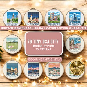 76 Mini USA Cities Cross Stitch Patterns PDF - American Town & State Designs - Travel Embroidery - Instant Download for Beginners - Bundle