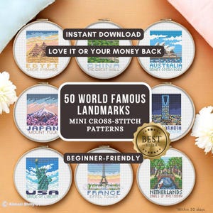 May include: A set of mini cross-stitch patterns showcasing famous world landmarks such as the Sydney Opera House and Mount Fuji. The design is beginner-friendly and available for instant download. The image includes the text "50 World Famous Landmarks".
