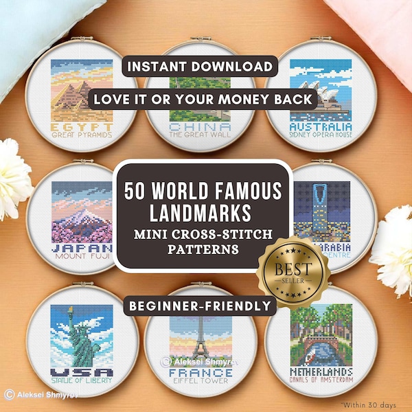 50 Famous World Landmarks Cross Stitch Patterns – Beginner Friendly Mini Travel Embroidery (PDF Pattern)