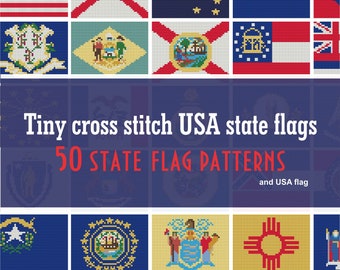 May include: A collection of 50 tiny cross stitch patterns for the flags of all US states, including the American flag. The patterns are displayed in a grid format, with each flag represented by a small, colorful square.