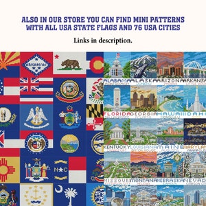 May include: A colorful grid of 50 mini pixel art designs featuring the flags and city skylines of all 50 US states. The text "ALSO IN OUR STORE YOU CAN FIND MINI PATTERNS WITH ALL USA STATE FLAGS AND 76 USA CITIES" is at the top of the image. The text "Links in description." is below the grid.