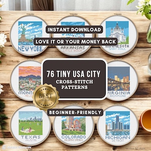 Puede incluir: Una colección de patrones de punto de cruz con 76 diseños de pequeñas ciudades de EE. UU. Cada patrón se muestra en un bastidor de bordado redondo, mostrando monumentos icónicos y paisajes urbanos. El texto incluye "Descarga instantánea", "Devolución del dinero" y "Para principiantes".