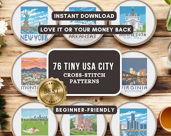 May include: A collection of cross-stitch patterns featuring 76 tiny USA city designs. Each pattern is displayed in a round embroidery hoop, showcasing iconic landmarks and cityscapes. Text includes "Instant Download", "Love it or your money back", and "Beginner-Friendly".