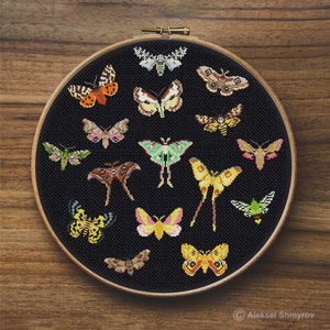 Mini Moths Cross Stitch Pattern, Luna Moth Cross Stitch, Easy Cross Stitch, Moth Embroidery, Simple Cross Stitch, Dead Head Moth