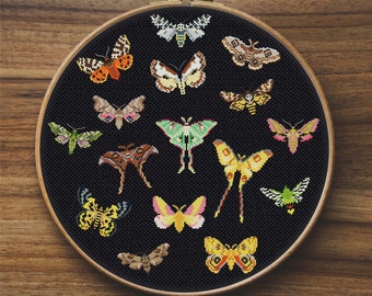 Mini Moths Cross Stitch Pattern, Luna Moth Cross Stitch, Easy Cross Stitch, Moth Embroidery, Simple Cross Stitch, Dead Head Moth