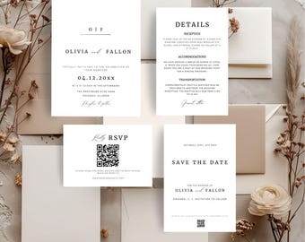 May include: A wedding invitation suite with a minimalist design. The invitation features the names Olivia and Fallon, the date 04.12.20XX, and the location The Greenhouse Rose Park, Chicago, Illinois. The RSVP card includes a QR code. The save the date card features the text "Save the Date" and the names Olivia and Fallon.