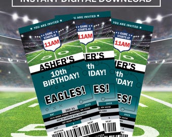 Philadelphia Eagles Birthday Party Invitation, Football Party, Sports Ticket Invitation, Digital Download, Editable