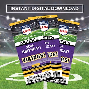 Minnesota Vikings Birthday Party Invitation, Football Party, Sports Ticket Invitation, Digital Download, Editable
