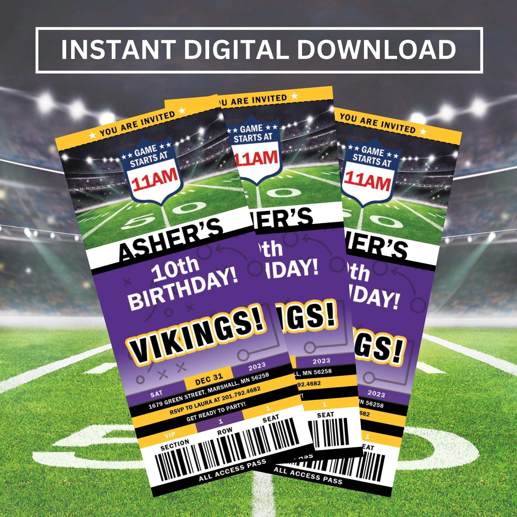 Minnesota Vikings Birthday Party Invitation, Football Party, Sports Ticket Invitation, Digital Download, Editable