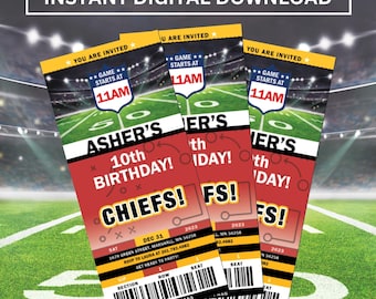 Kansas City Chiefs Birthday Party Invitation, Football Party, Sports Ticket Invitation, Digital Download, Editable