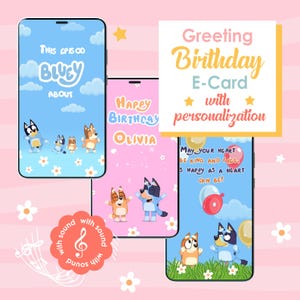 Personalized Bluey-Themed Animated Birthday E-Card for Girl | Digital Greeting | Bluey Dog Style | Greeting card | Happy birthday card