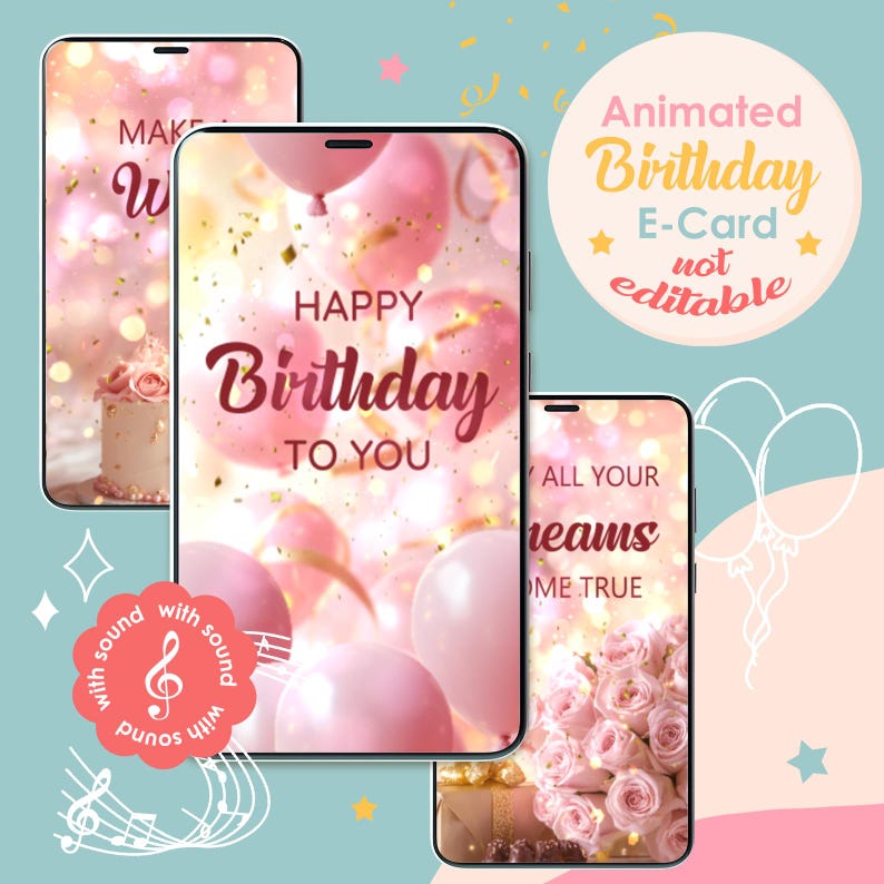 Peut inclure: Carte d'anniversaire num&eacute;rique anim&eacute;e avec des ballons roses, des confettis et le texte "Joyeux anniversaire &agrave; toi". La carte est affich&eacute;e sur l'&eacute;cran d'un smartphone.