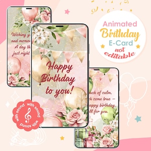 May include: Animated birthday e-card design displayed on smartphones. The cards feature watercolor illustrations of balloons, roses, and banners. Text includes "Happy Birthday to you!" and other birthday wishes. A musical note icon indicates sound.