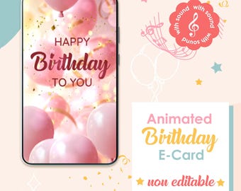 animée d'anniversaire | Message d'accueil numérique | Envoyer via Messenger | Aucune modification | Téléchargement instantané | Carte électronique joyeux anniversaire, cadeau électronique vidéo pour elle