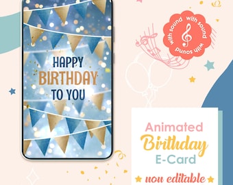 Blue and Gold Animated Birthday Card with Music | Digital Video Ecard for Him or Her | Happy Birthday MP4 | Ready to Send Instant Download