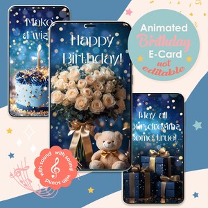 Animated Birthday Card Dark Blue and Gold. Elegant Digital Greeting Card with Music. For Him or Her. Instant Download, Non Editable