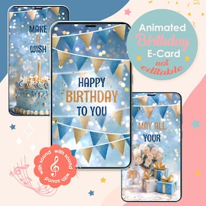 Happy Birthday Animated Ecard | Blue Gold Party Theme |Happy Birthday Video Card| Digital Birthday Greeting for Friends & Family | Birthday