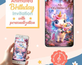Animated Rainbow Unicorn Birthday Invitation for Girls | Personalized Digital Video Invite MP4 | Magical Party Ecard | Text Message Evite