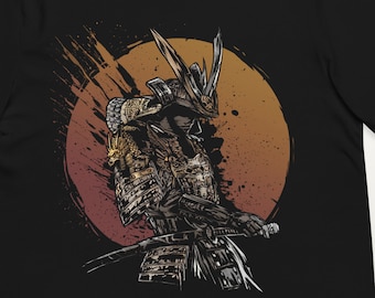 Samurai T Shirt Design, Japanese Warrior Graphic Tee, Ronin Armor Dragon Artwork Shirt, Red Sun Vintage Style Streetwear Unisex Top