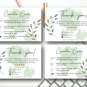 candle care and thank you card, thankyou template and candle care template for candle business, candle business thankyou card, candle card