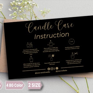 Candle Care Card, digital Template, Editable Black and gold candle care Card, Gold luxury Card template, Candle care card template Canva