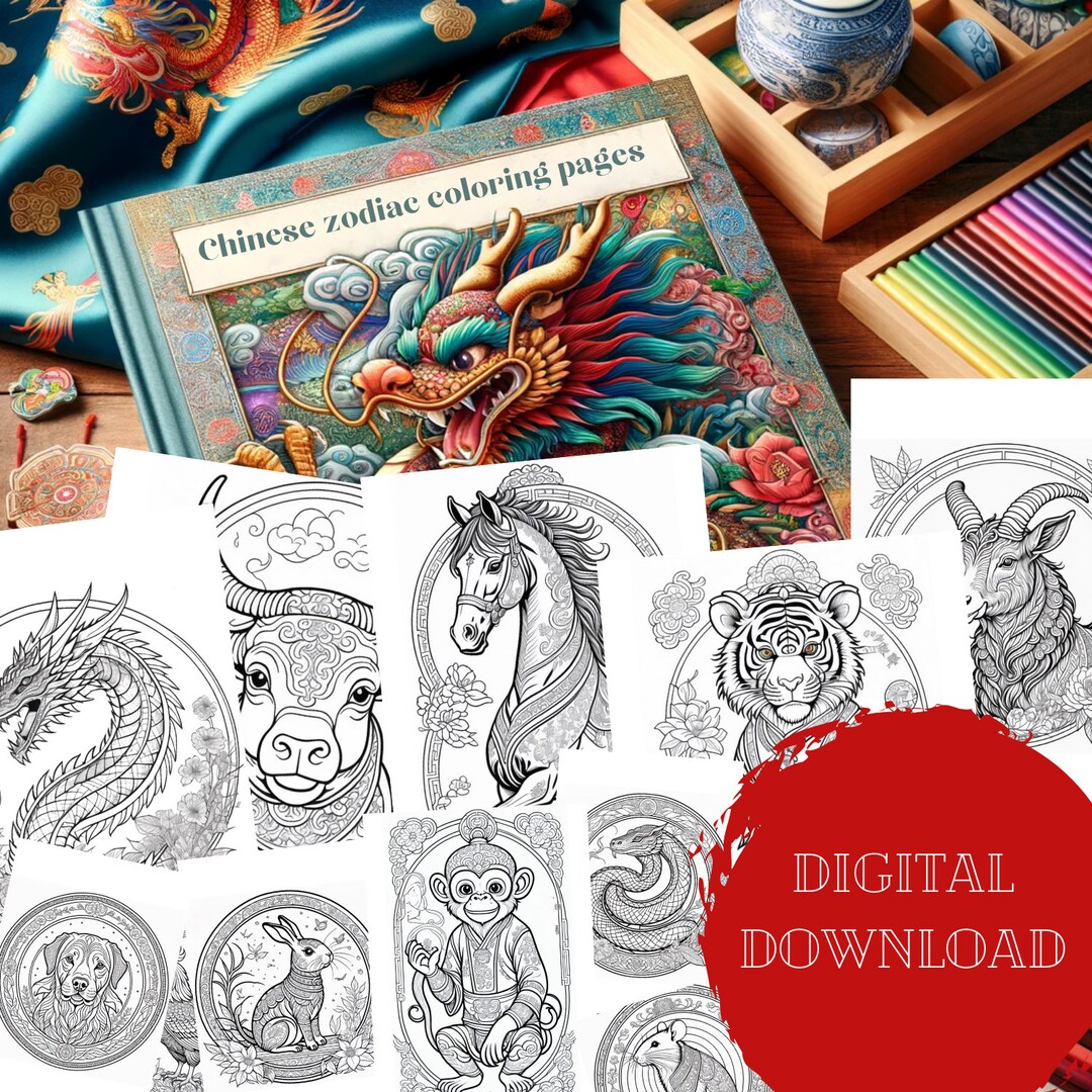 Chinese Zodiac Coloring Pages, 24 PDF Digital and Printable Coloring ...