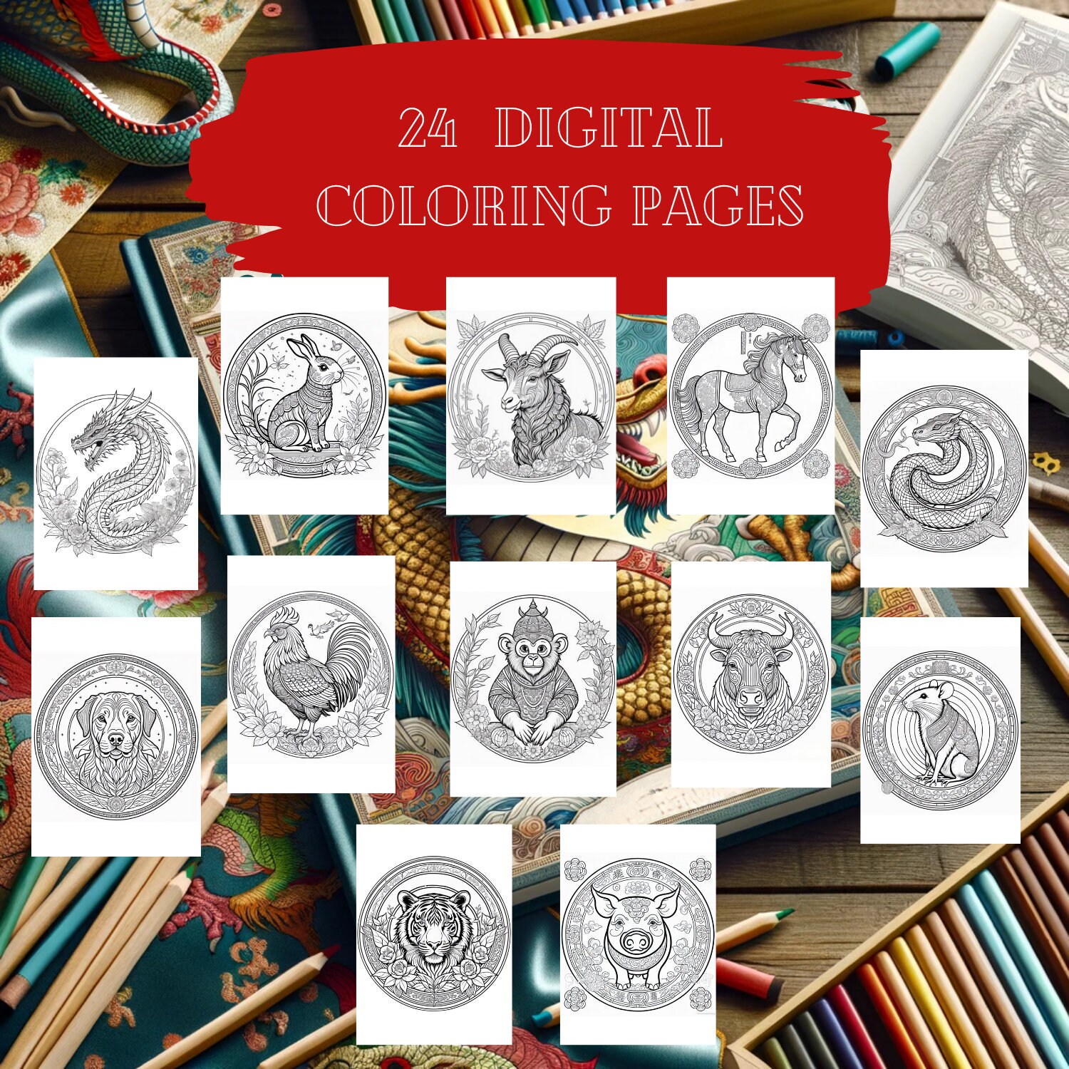 Chinese Zodiac Coloring Pages, 24 PDF Digital and Printable Coloring ...