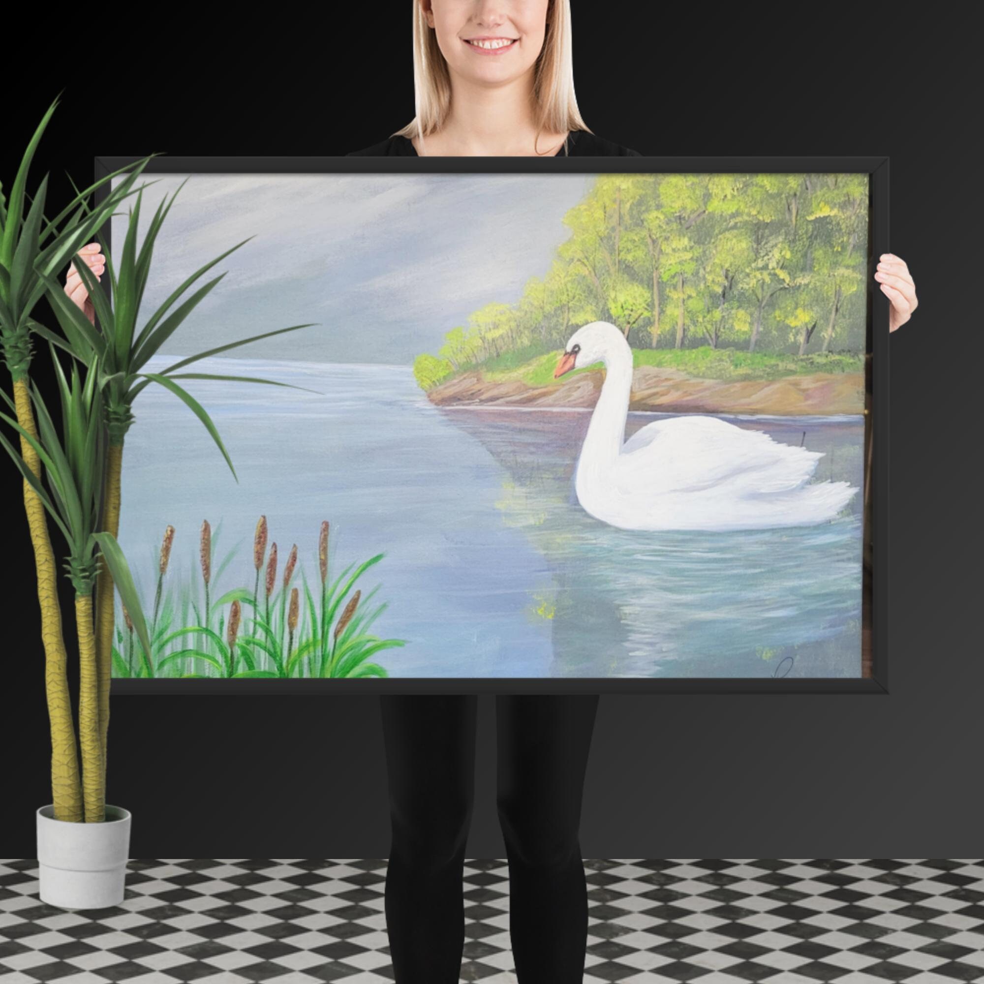 Wall Art Swan Swimming White Swan Lake Cattail Water Trees Lake Landscape Art Work Etsy