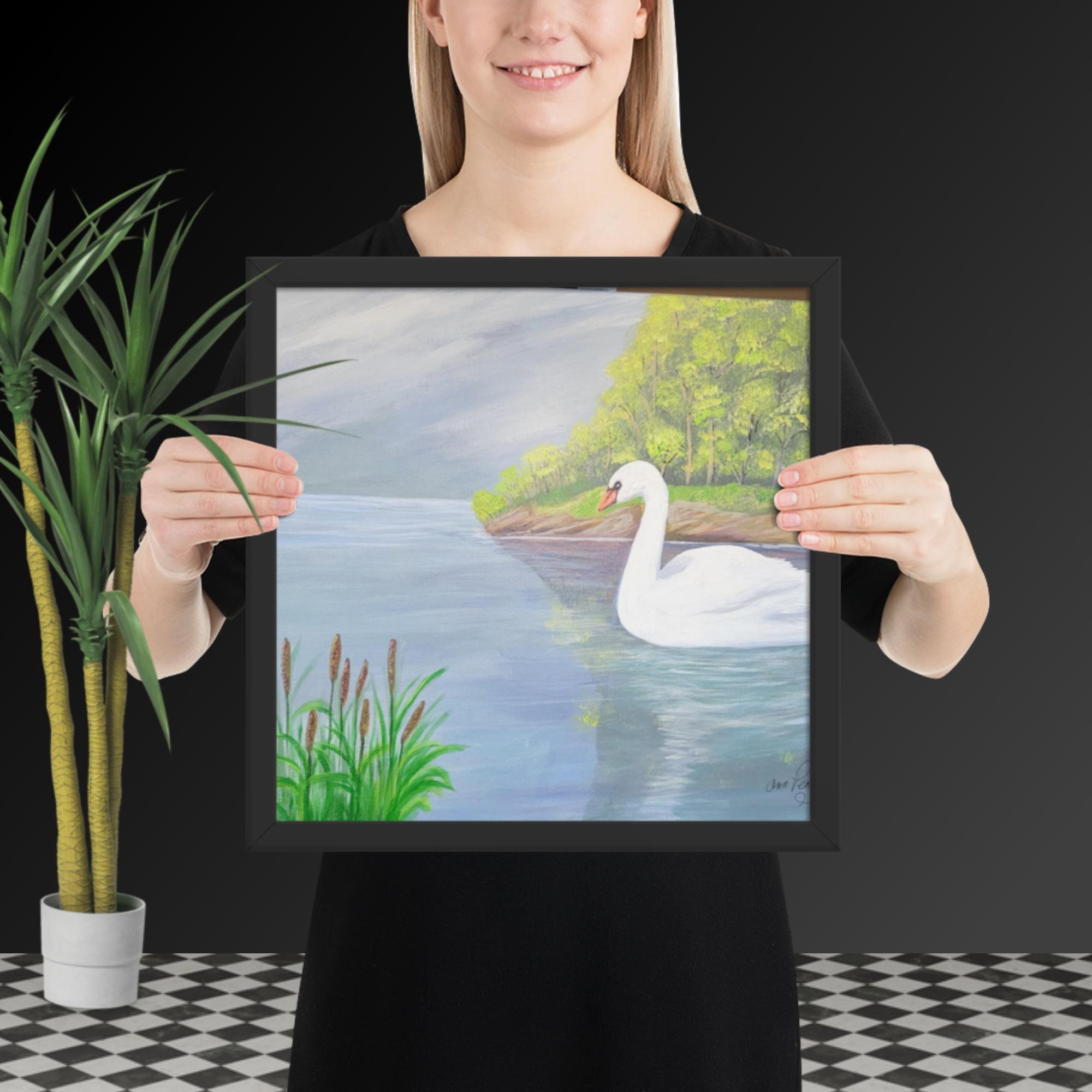 Wall Art Swan Swimming White Swan Lake Cattail Water Trees Lake Landscape Art Work Etsy