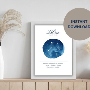 Printable Horoscope Astrology Art Print. Libra zodiac illustration. Libra art gift. Star Sign wall art. Libra digital download.