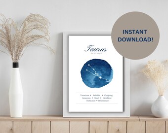 Printable Horoscope Astrology Art Print. Taurus zodiac illustration. Taurus art gift. Star Sign wall art. Taurus digital download.
