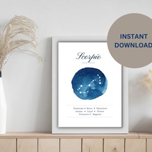 Printable Horoscope Astrology Art Print. Scorpio zodiac illustration. Scorpio art gift. Star Sign wall art. Scorpio digital download.