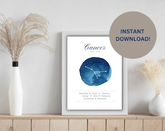 Printable Horoscope Astrology Art Print. Cancer zodiac illustration. Cancer art gift. Star Sign wall art. Cancer digital download.