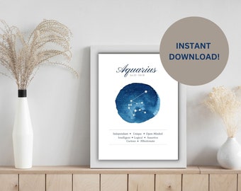 Printable Horoscope Astrology Art Print. Aquarius zodiac illustration. Aquarius art gift. Star Sign wall art. Aquarius digital download.