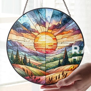 Landscape Mountain Range Suncatcher Stained Glass Wall Art Window Hanging Indoor Decor Gift for Women Lover Sun Catcher Gift for Mothers Day