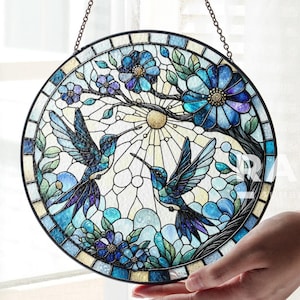 Hummingbirds and Flowers Suncatcher Stained Glass Wall Art Window Hanging Indoor Decor Gift for Women Lover Sun Catcher Gift for Mothers Day