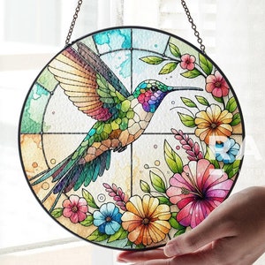 Hummingbird and Flowers Suncatcher Stained Glass Wall Art Window Hanging Indoor Decor Gifts for Women Lover Sun Catcher Gift for Mothers Day