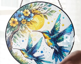 Atrapasueños de colibrí y flores, vitrales, arte de pared para colgar en la ventana, decoración de interiores, regalos para mujeres y amantes, atrapasol, regalo para el Día de la Madre