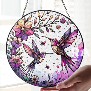 Hummingbirds and Flowers Suncatcher Stained Glass Wall Art Window Hanging Indoor Decor Gift for Women Lover Sun Catcher Gift for Mothers Day