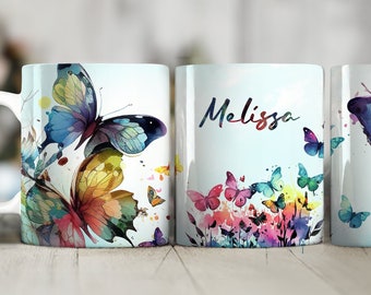 Personalized Name Mug, Butterfly Floral Sublimation, Name Coffee Cup Floral Design, Flower Mug Wrap, 11 & 15 Oz Mug, Gift For Her