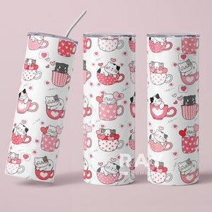 Valentine&#39;s day Tumbler, Cute Cat Tumbler Design, Heart Skinny Tumbler, 20 oz Stainless steel tumbler.Seamless Sublimation Design.